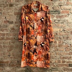 Vintage Orange Collar-Longsleeve Midi Dress